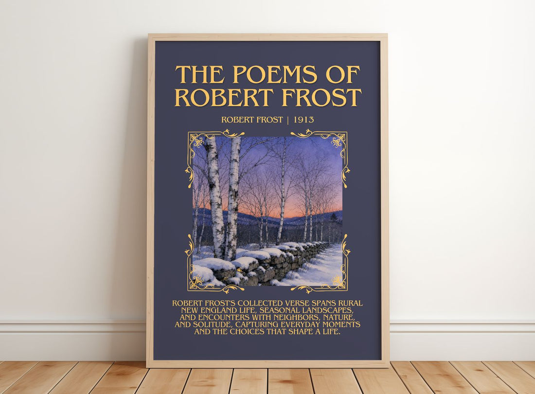 The Poems of Robert Frost Minimalist Book Poster by Robert Frost – framed print leaning on a wooden floor