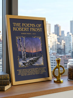 The Poems of Robert Frost Minimalist Book Poster by Robert Frost – framed print on a city-view windowsill