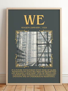 We Minimalist Book Poster by Yevgeny Zamyatin – framed print leaning on a wooden floor