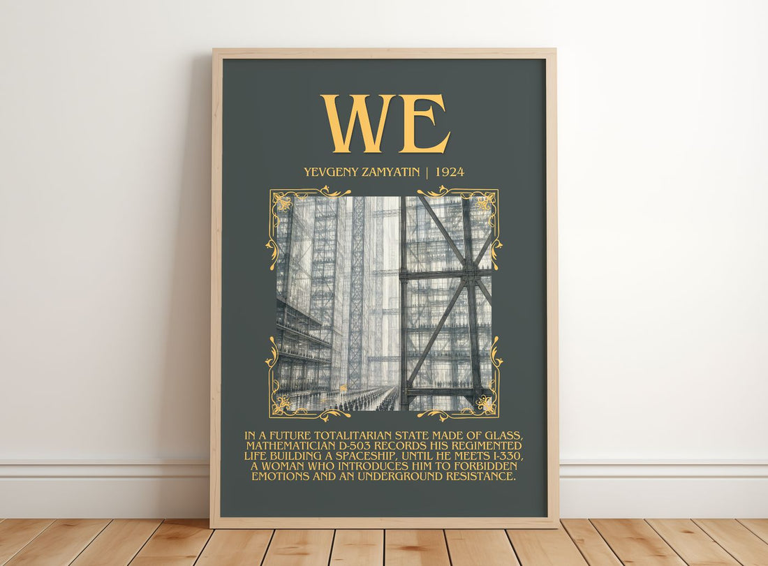 We Minimalist Book Poster by Yevgeny Zamyatin – framed print leaning on a wooden floor