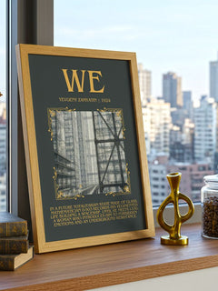 We Minimalist Book Poster by Yevgeny Zamyatin – framed print on a city-view windowsill