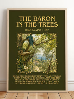 The Baron in the Trees Minimalist Book Poster by Italo Calvino – framed print leaning on a wooden floor
