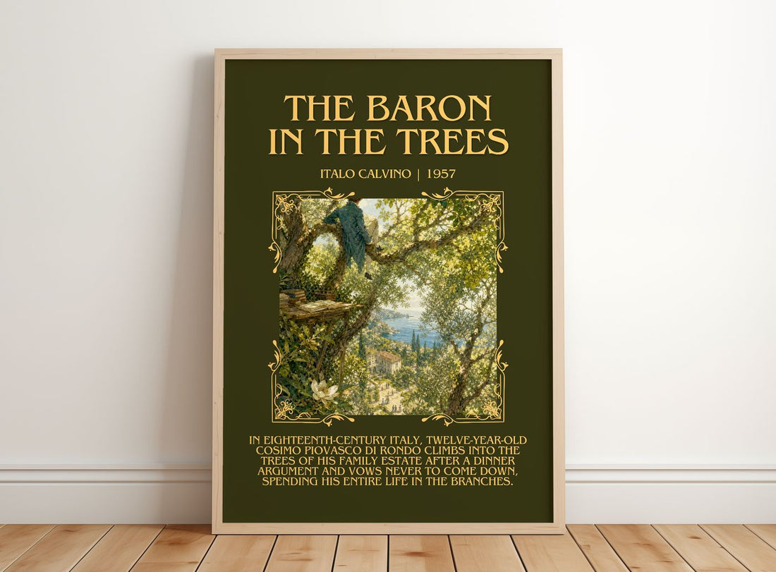 The Baron in the Trees Minimalist Book Poster by Italo Calvino – framed print leaning on a wooden floor