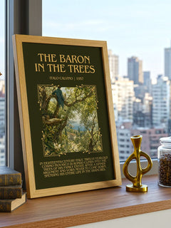 The Baron in the Trees Minimalist Book Poster by Italo Calvino – framed print on a city-view windowsill
