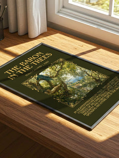 The Baron in the Trees Minimalist Book Poster by Italo Calvino – print on a sunlit desk