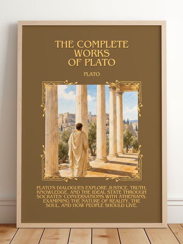 The Complete Works of Plato Minimalist Book Poster by Plato – framed print leaning on a wooden floor