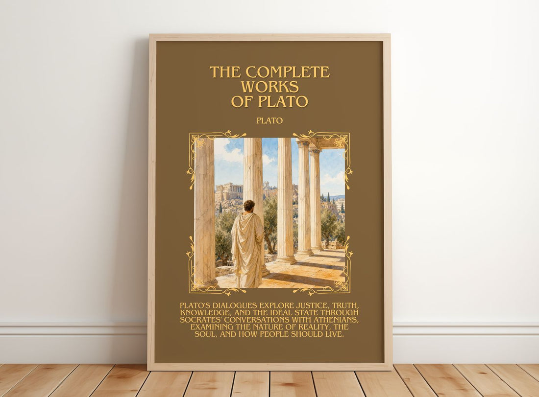 The Complete Works of Plato Minimalist Book Poster by Plato – framed print leaning on a wooden floor