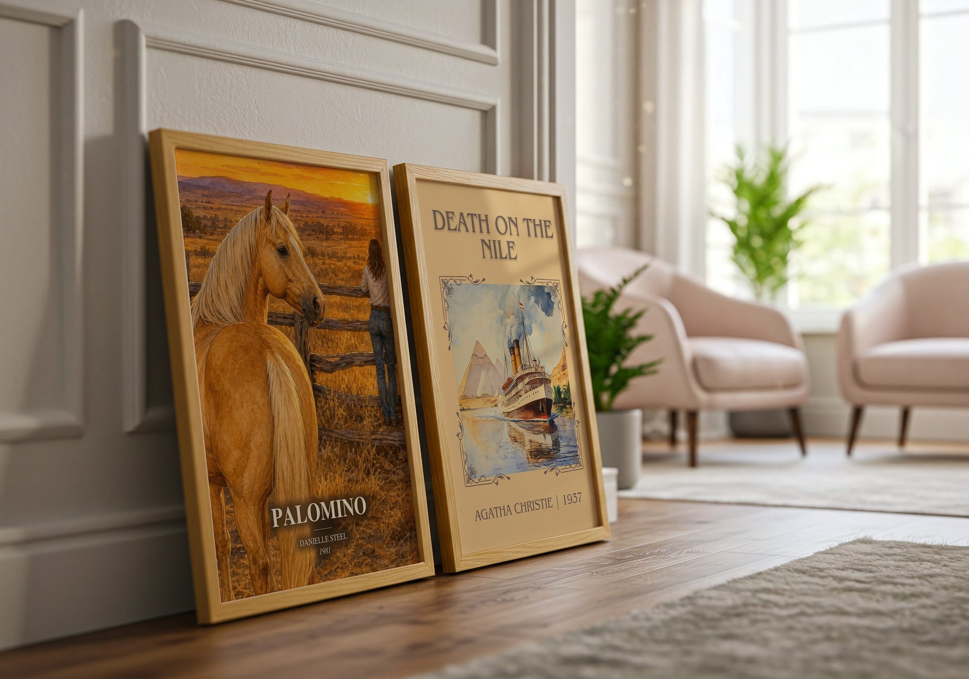 Palomino watercolour print framed by window – literary home decor