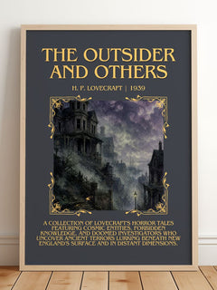 The Outsider And Others Minimalist Book Poster by H. P. Lovecraft – framed print leaning on a wooden floor