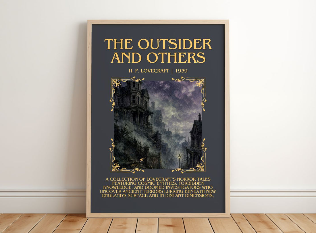 The Outsider And Others Minimalist Book Poster by H. P. Lovecraft – framed print leaning on a wooden floor