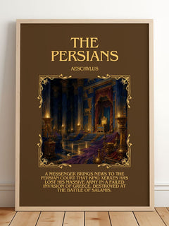 The Persians Minimalist Book Poster by Aeschylus – framed print leaning on a wooden floor
