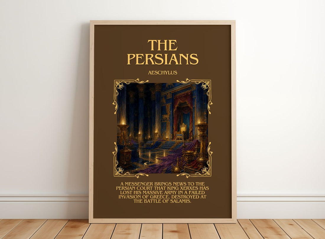 The Persians Minimalist Book Poster by Aeschylus – framed print leaning on a wooden floor