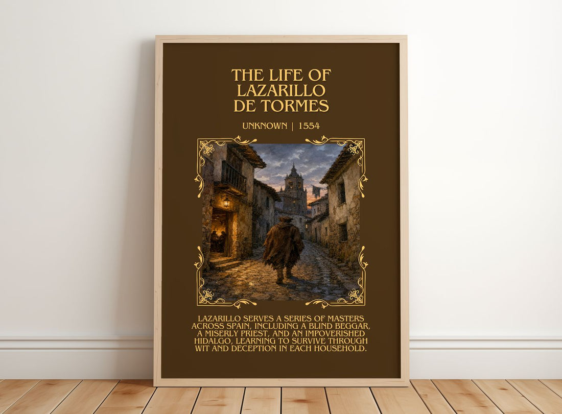 The Life of Lazarillo de Tormes Minimalist Book Poster by Unknown – framed print leaning on a wooden floor
