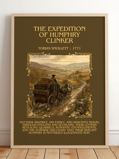 Expedition of Humphry Clinker Minimalist Book Poster by T. Smollett – framed print leaning on a wooden floor