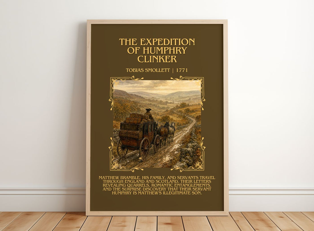Expedition of Humphry Clinker Minimalist Book Poster by T. Smollett – framed print leaning on a wooden floor
