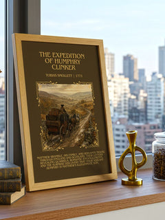 Expedition of Humphry Clinker Minimalist Book Poster by T. Smollett – framed print on a city-view windowsill