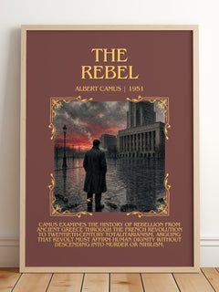 The Rebel Minimalist Book Poster by Albert Camus – framed print leaning on a wooden floor