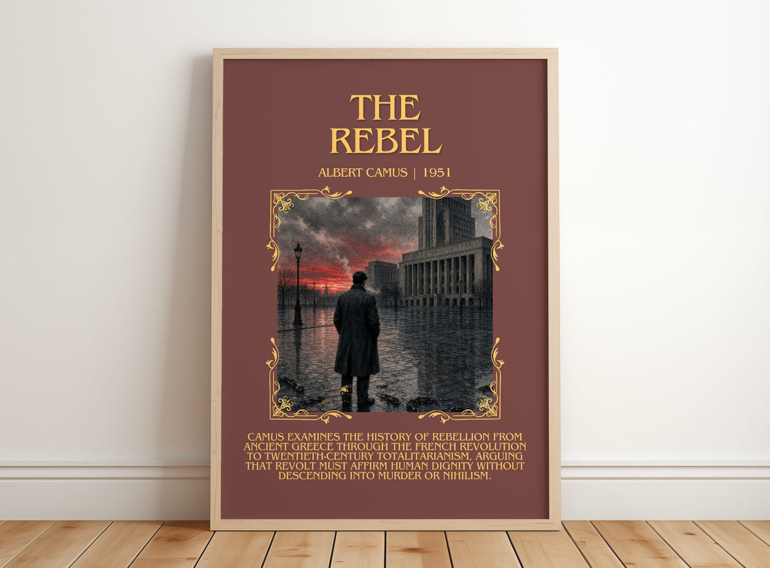 The Rebel Minimalist Book Poster by Albert Camus – framed print leaning on a wooden floor