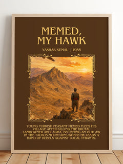 Memed, My Hawk Minimalist Book Poster by Yashar Kemal – framed print leaning on a wooden floor