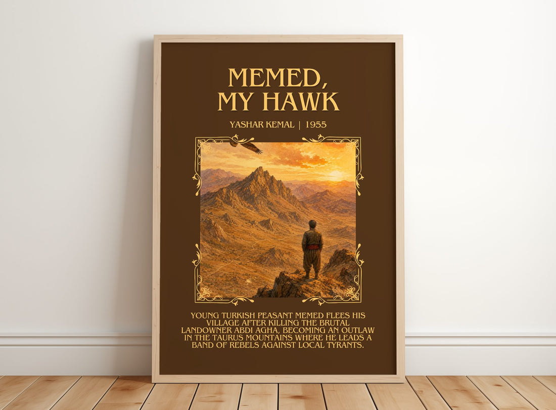 Memed, My Hawk Minimalist Book Poster by Yashar Kemal – framed print leaning on a wooden floor
