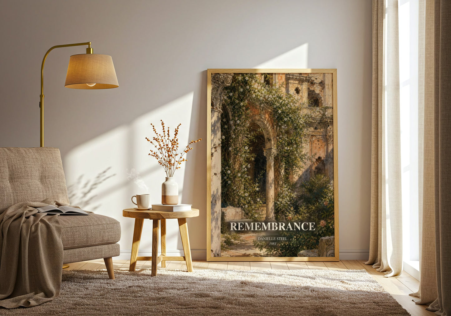 Remembrance watercolour print in frame leaning in hallway – romance wall art
