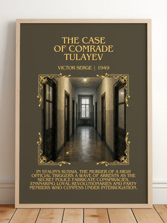 The Case of Comrade Tulayev Minimalist Book Poster by Victor Serge – framed print leaning on a wooden floor
