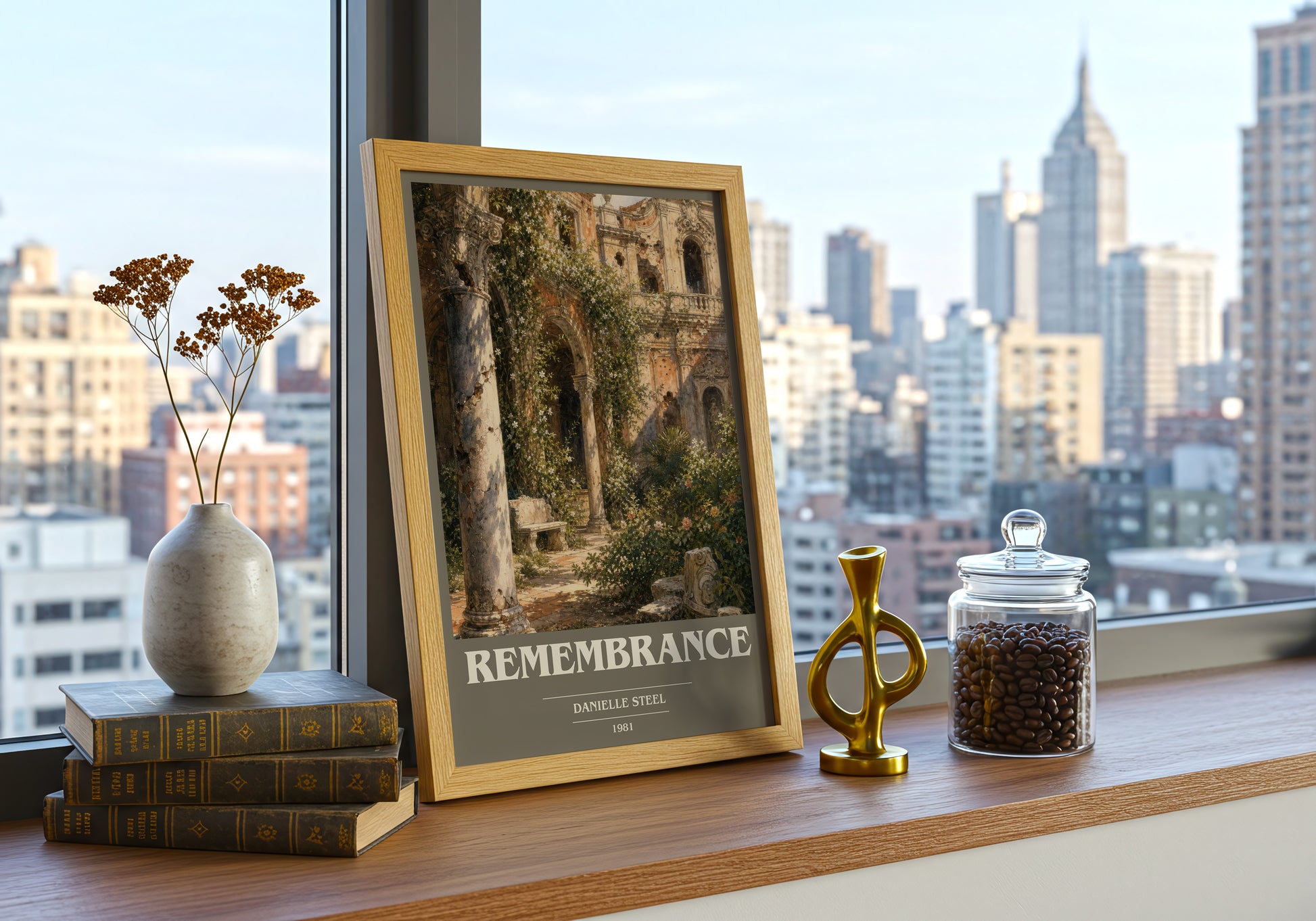 Remembrance book cover print framed by window – literary home decor