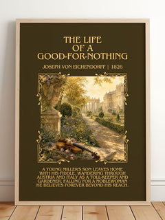 Life of a Good-For-Nothing Minimalist Book Poster by J. Eichendorff – framed print leaning on a wooden floor