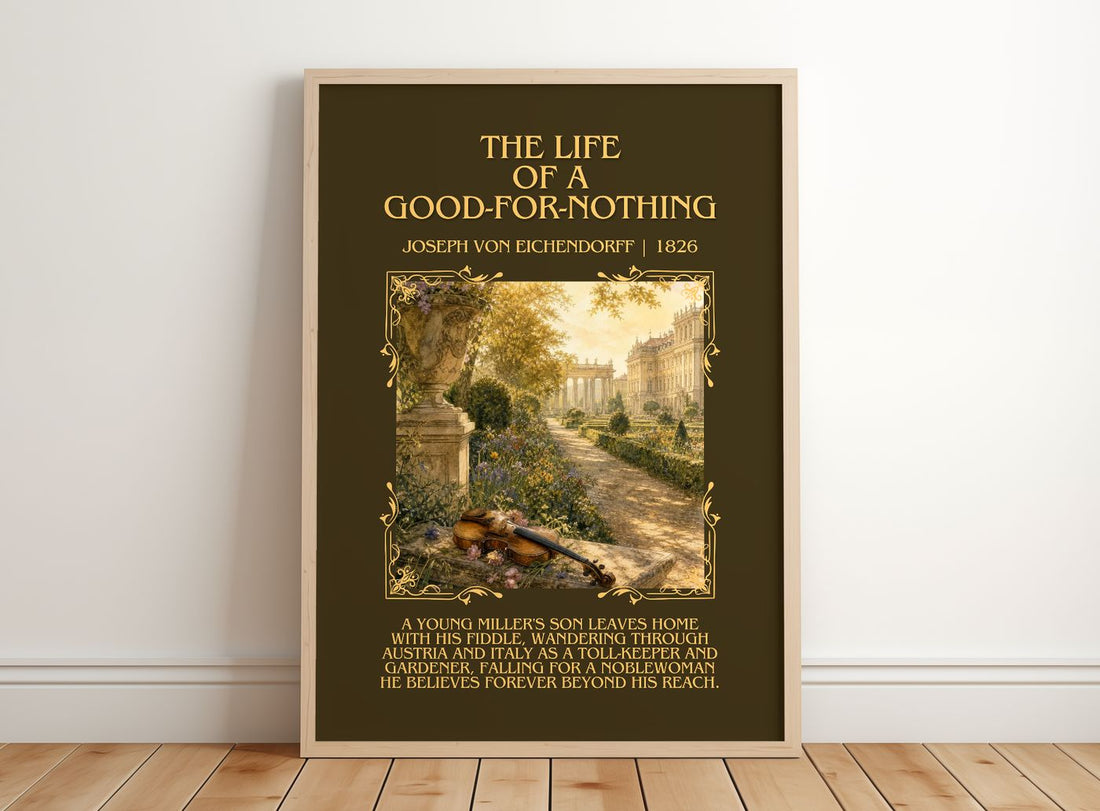 Life of a Good-For-Nothing Minimalist Book Poster by J. Eichendorff – framed print leaning on a wooden floor