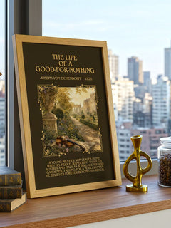 Life of a Good-For-Nothing Minimalist Book Poster by J. Eichendorff – framed print on a city-view windowsill