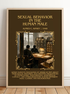 Sexual Behavior in the Human Male Minimalist Book Poster by A. Kinsey – framed print leaning on a wooden floor