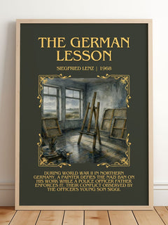 The German Lesson Minimalist Book Poster by Siegfried Lenz – framed print leaning on a wooden floor