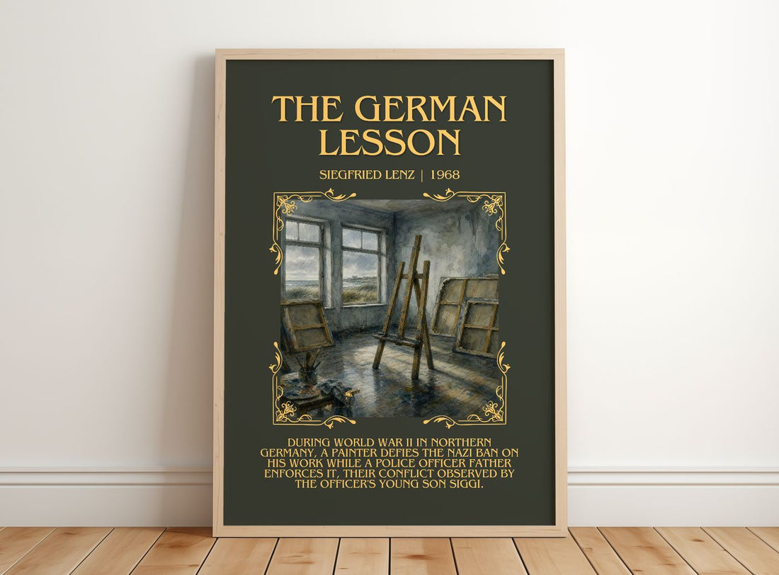 The German Lesson Minimalist Book Poster by Siegfried Lenz – framed print leaning on a wooden floor