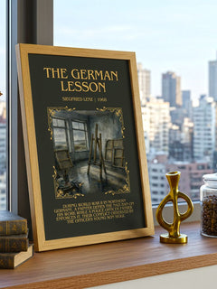 The German Lesson Minimalist Book Poster by Siegfried Lenz – framed print on a city-view windowsill