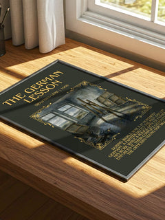 The German Lesson Minimalist Book Poster by Siegfried Lenz – print on a sunlit desk