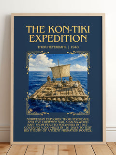 The Kon-Tiki Expedition Minimalist Book Poster by Thor Heyerdahl – framed print leaning on a wooden floor