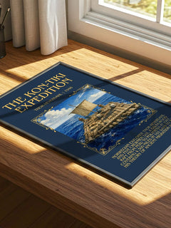 The Kon-Tiki Expedition Minimalist Book Poster by Thor Heyerdahl – print on a sunlit desk