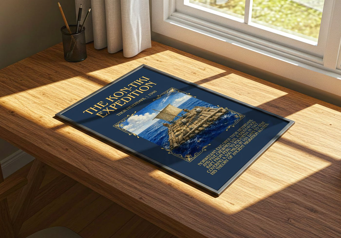 The Kon-Tiki Expedition Minimalist Book Poster by Thor Heyerdahl – print on a sunlit desk