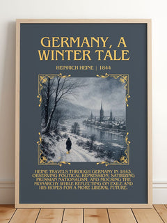 Germany, a Winter Tale Minimalist Book Poster by Heinrich Heine – framed print leaning on a wooden floor