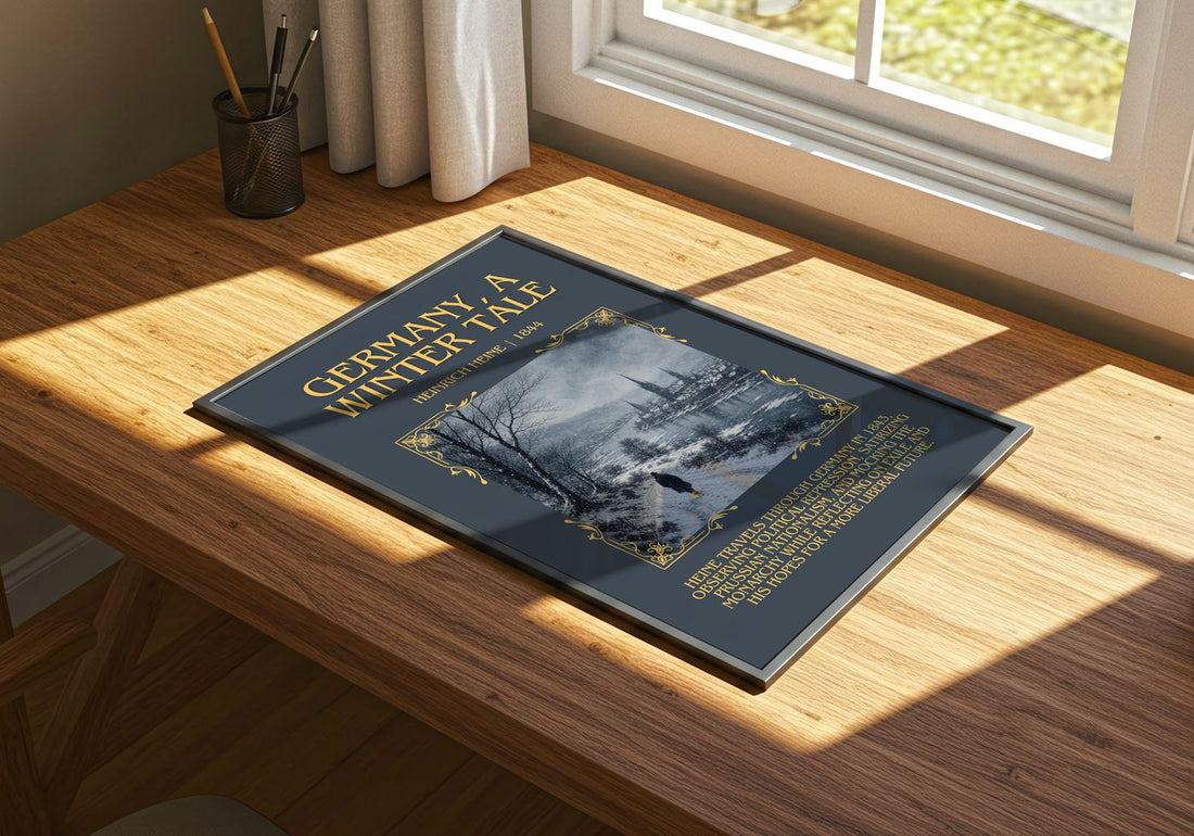 Germany, a Winter Tale Minimalist Book Poster by Heinrich Heine – print on a sunlit desk