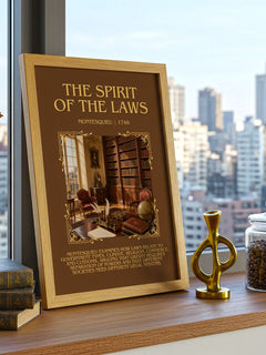 The Spirit Of The Laws Minimalist Book Poster by Montesquieu – framed print on a city-view windowsill