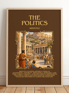 The Politics Minimalist Book Poster by Aristotle – framed print leaning on a wooden floor