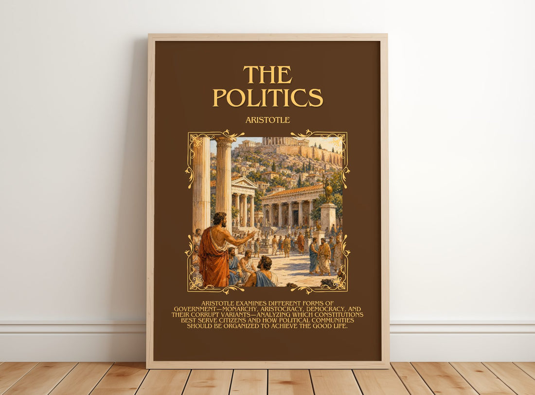 The Politics Minimalist Book Poster by Aristotle – framed print leaning on a wooden floor