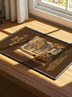 The Politics Minimalist Book Poster by Aristotle – print on a sunlit desk