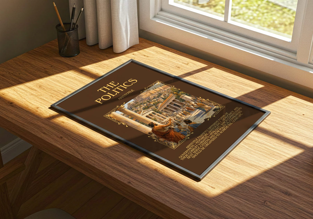 The Politics Minimalist Book Poster by Aristotle – print on a sunlit desk