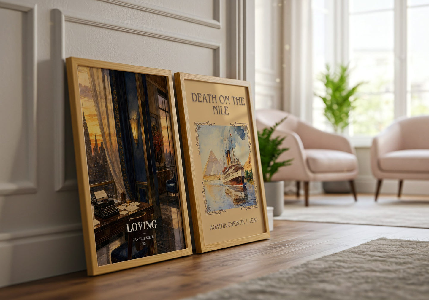 Loving watercolour print framed by window – literary home decor