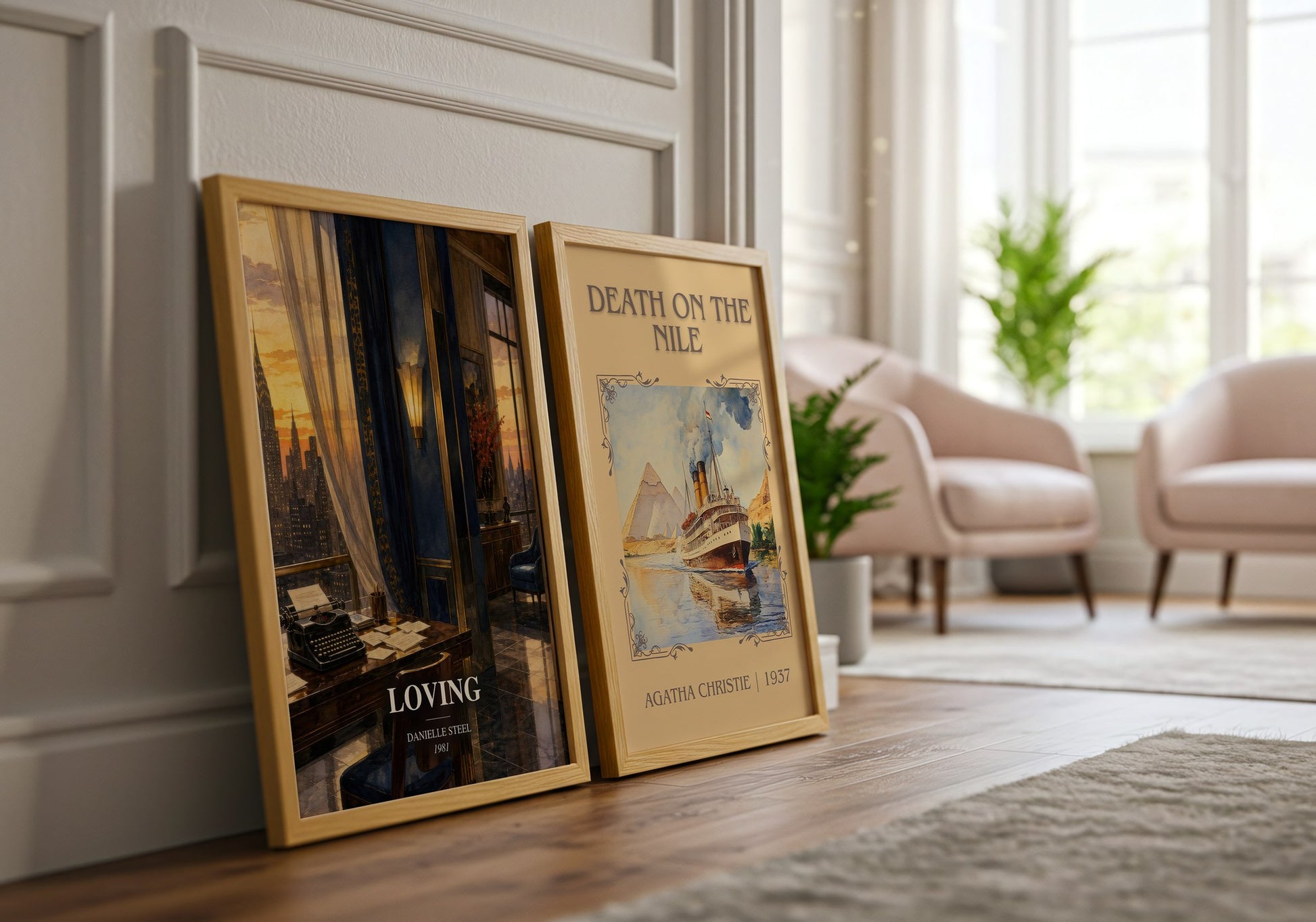 Loving watercolour print framed by window – literary home decor