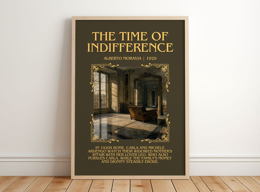 The Time of Indifference Minimalist Book Poster by Alberto Moravia – framed print leaning on a wooden floor