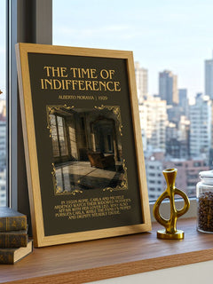 The Time of Indifference Minimalist Book Poster by Alberto Moravia – framed print on a city-view windowsill