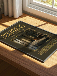 The Time of Indifference Minimalist Book Poster by Alberto Moravia – print on a sunlit desk